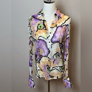 Roberto Cavalli Sheer Multi Colored Button-Up Blouse Size M
